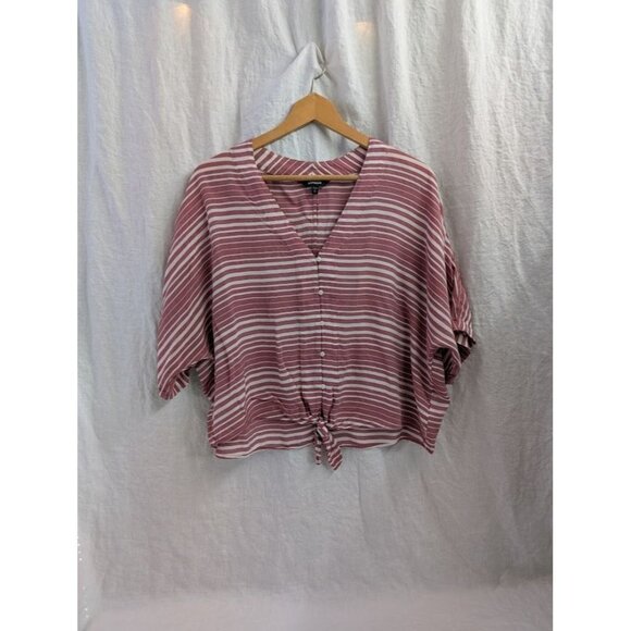 Express women's size Medium rayon v neck boxy tie front blouse burgundy white L5 - Picture 1 of 7